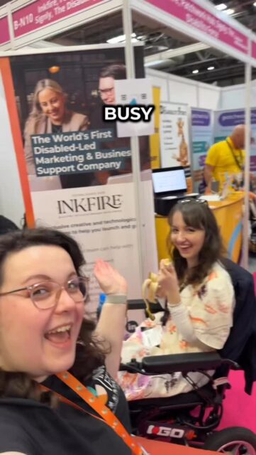 We’ve been kinda busy exhibiting at Naidex!💁🏻‍♀️There’s so many pieces of content to share from an incredible few days - but right now, a cup of tea and a rest is needed first. So, in the meantime, please enjoy this video of @bethkumeholland and I attempting to be ‘trendy’ by making a TikTok video ft. Beth’s banana 🍌VD: Imali stood in a plain hotel room wearing a green top and print trousers. She is lip syncing to music.
It then transitions to a video of Imali and Beth at Naidex, sitting in their wheelchairs dancing and eating a banana with their brand signage in the background.