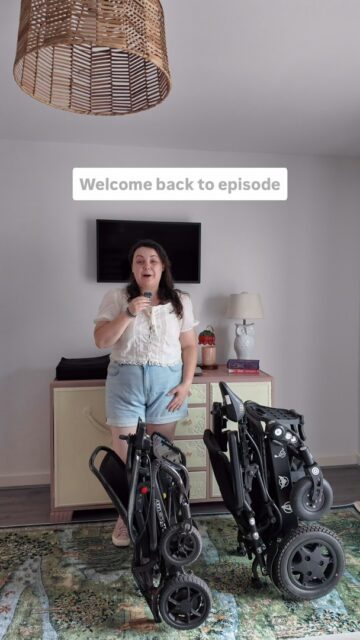 Episode 3 of The Wheel Deal: Let's unfold some powerchairs.
Neither is particularly easy to do if you're not great with bending.VD: A white woman wearing a white top and jean shorts, showing you two black wheelchairs unfolding from folded to open.