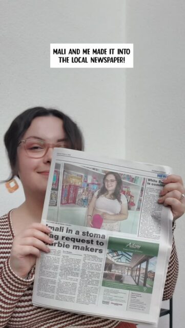 It’s been such an exciting and busy week… being featured on the local BBC as well as in the paper. Still waiting to hear from @mattel / @barbie 💕VD:  A white woman with brown hair in a plait, wearing a stripe top. She is holding a newspaper which shows a photograph of her and reads ‘Imali in a stoma bag request to Barbie Makers’. She is smiling.(Hashtags)
#Stoma #Ostomate #Newspaper